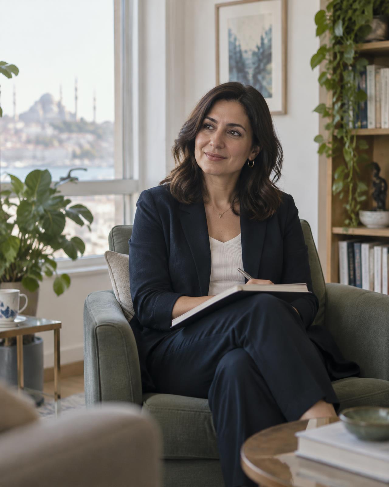 Ofisinde danışanını dinleyen psikolog